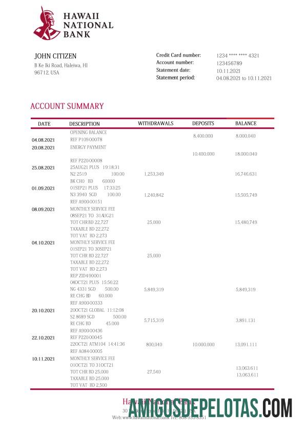 modelo realista de extrato bancário nacional do Havaí, formato Word e PDF
